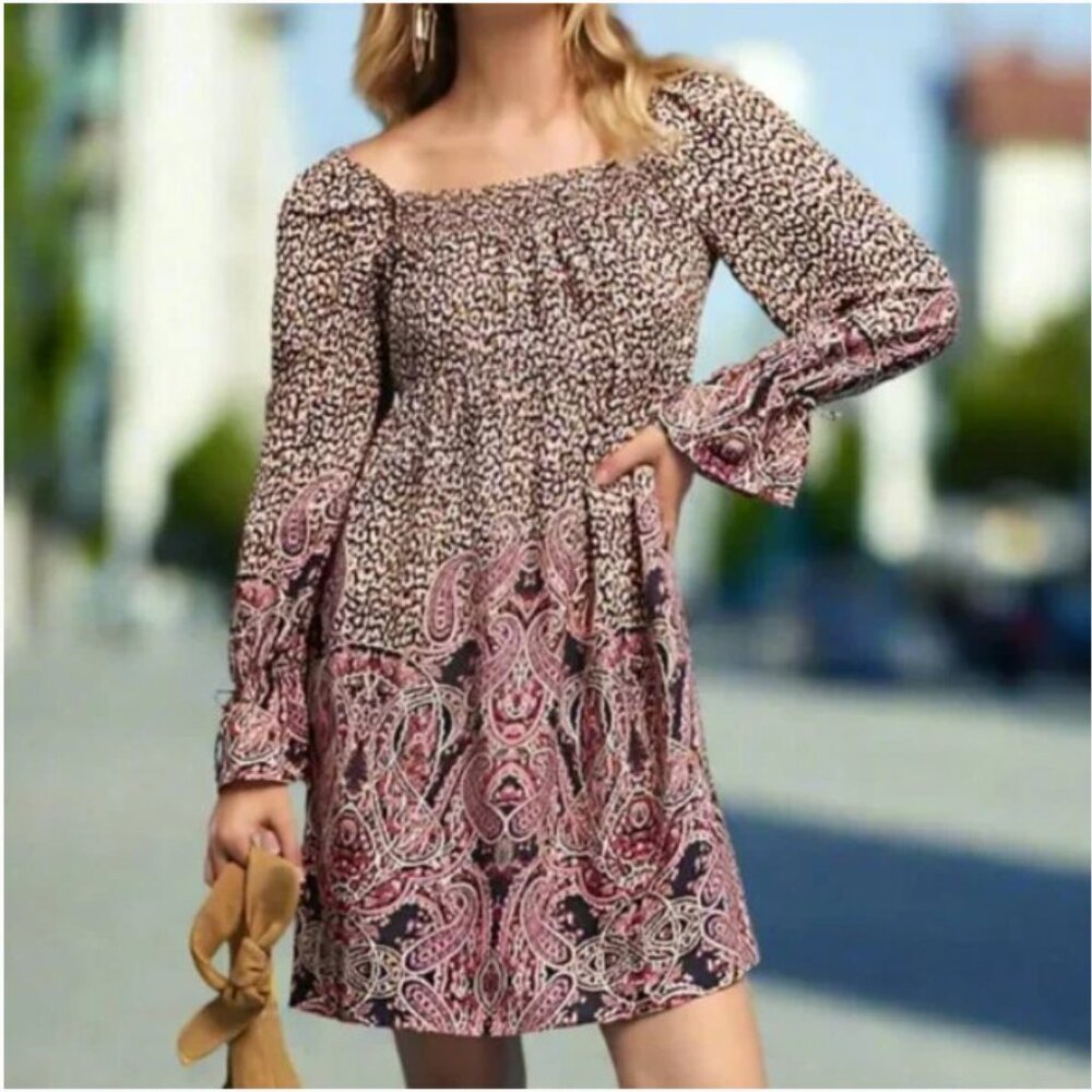 Anthropologie Brown Paisley Mini Tunic Dress Small Square Neck Empire Waist